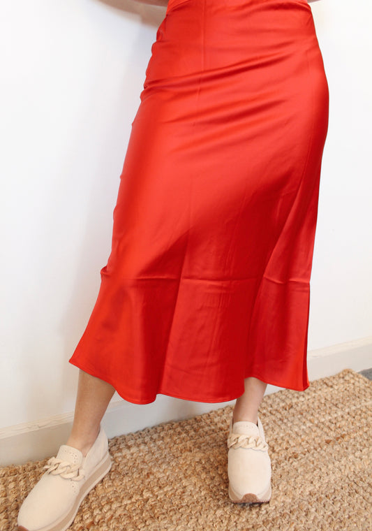 Satin Red Midi Skirt