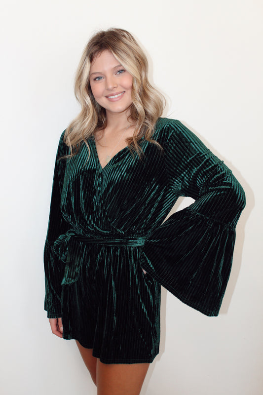 Hunter Green Velvet Long Sleeve Romper