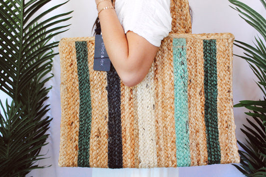 Turquoise Striped Jute Tote